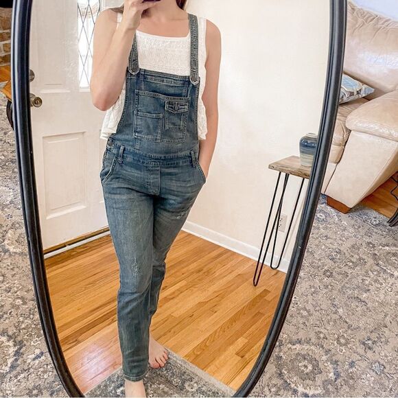 Free People Washed Denim Skinny Overalls Blue 26 - Picture 4 of 9